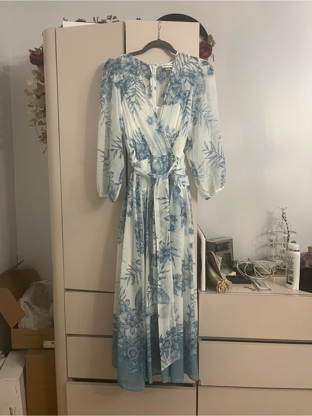 Calvin Klein White Maxi Dress with Blue Floral Print
